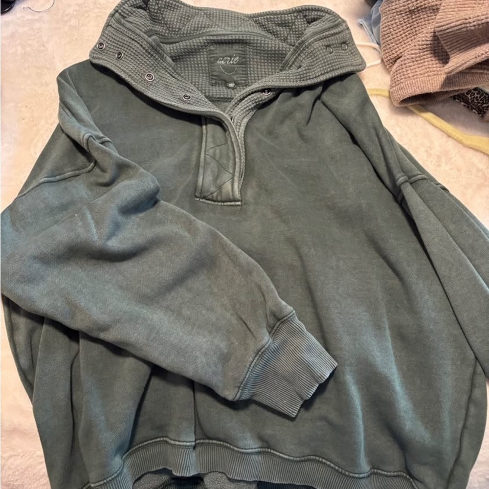 Green Pullover Waffle Collar Sweater